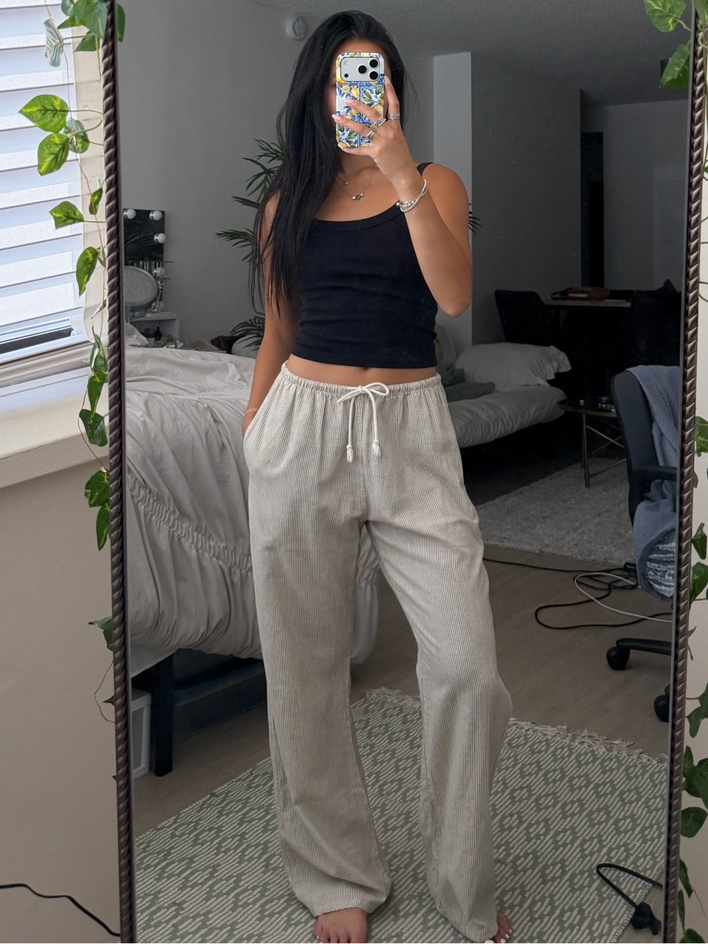 Brandy Melville Beige Stripe Wide-Leg Drawstring Pants